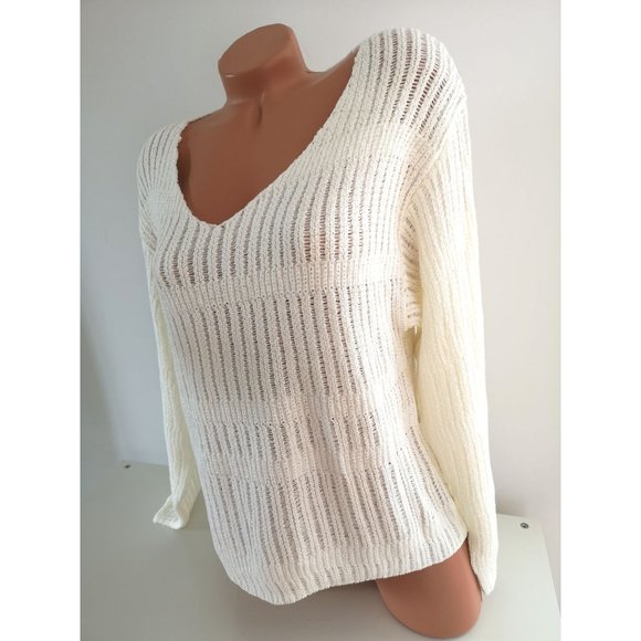 Long Sleeve V-Neck Open Knit Pullover Sweater off-white - Picture 4 of 12